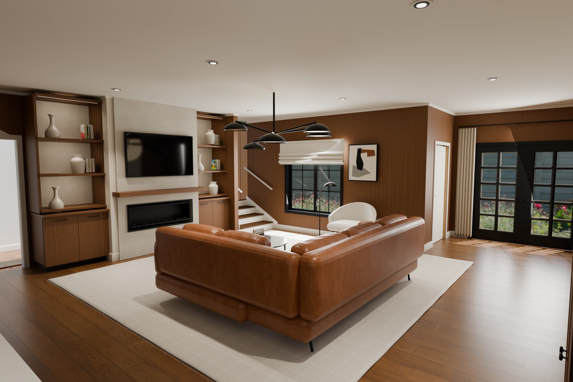 Garden House living room with walnut paneling, a plaster fireplace, and a cognac sectional