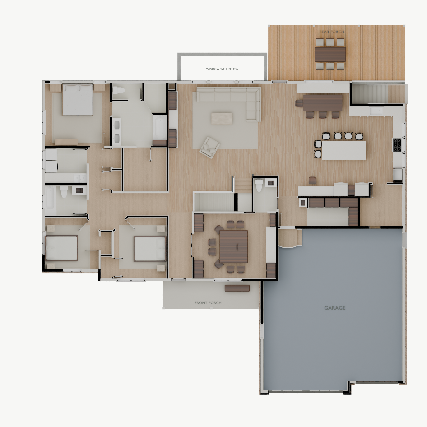 Updated furnished 3D view of the Modern Farmhouse main floor including the front and rear porches