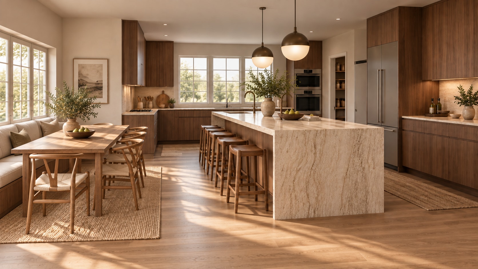 Kitchen design concept with walnut cabinetry, a travertine waterfall island, and upholstered dining banquette beneath the window